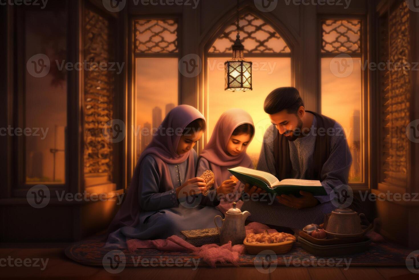 Muslim family gathered at home, reading and learning the Quran together with their children, reflecting their devotion and unity..Generated image photo