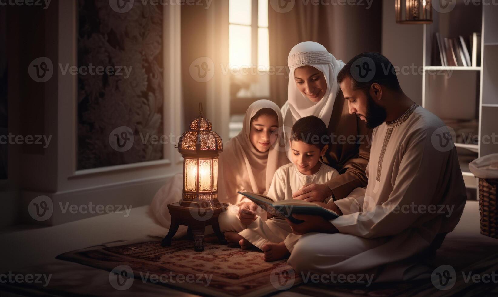 Muslim family gathered at home, reading and learning the Quran together with their children, reflecting their devotion and unity..Generated image photo