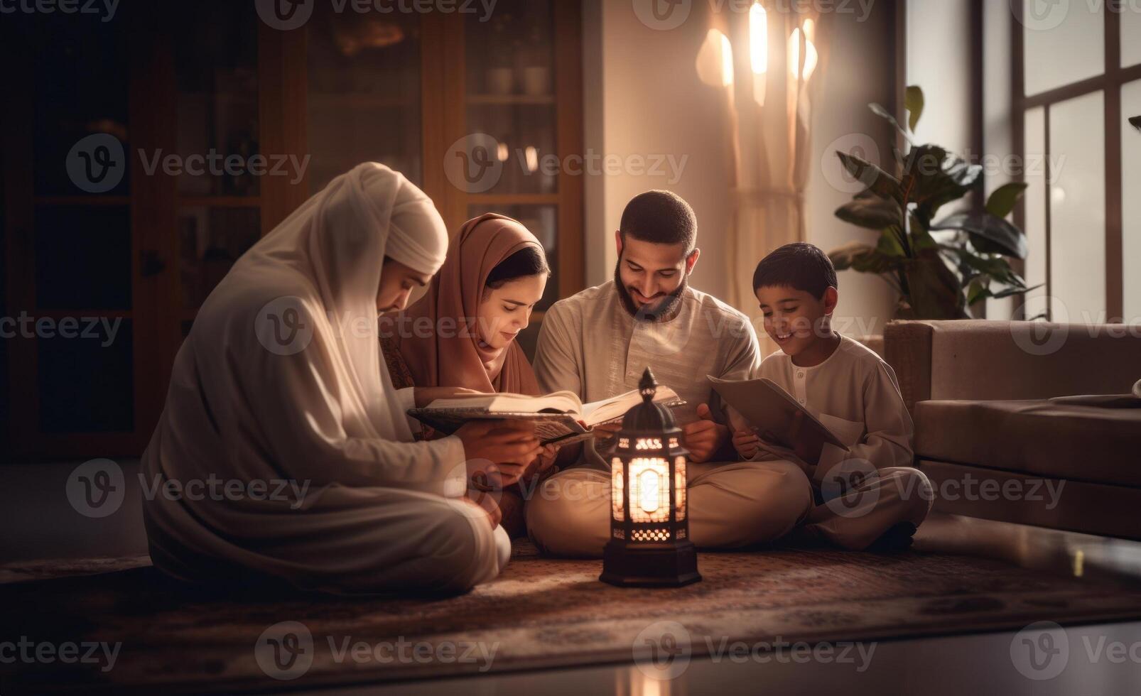 Muslim family gathered at home, reading and learning the Quran together with their children, reflecting their devotion and unity..Generated image photo