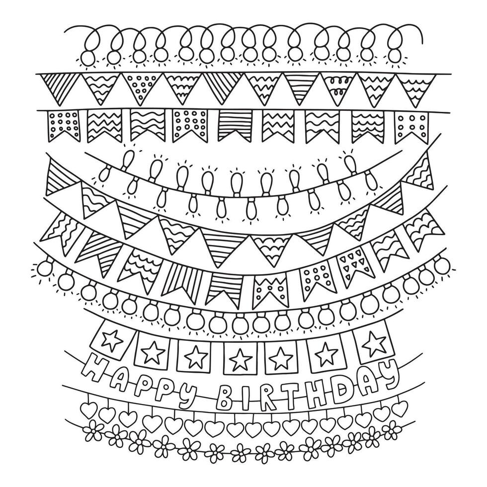 Different garlands with flags and birthday hanging garlands in doodle style set vector