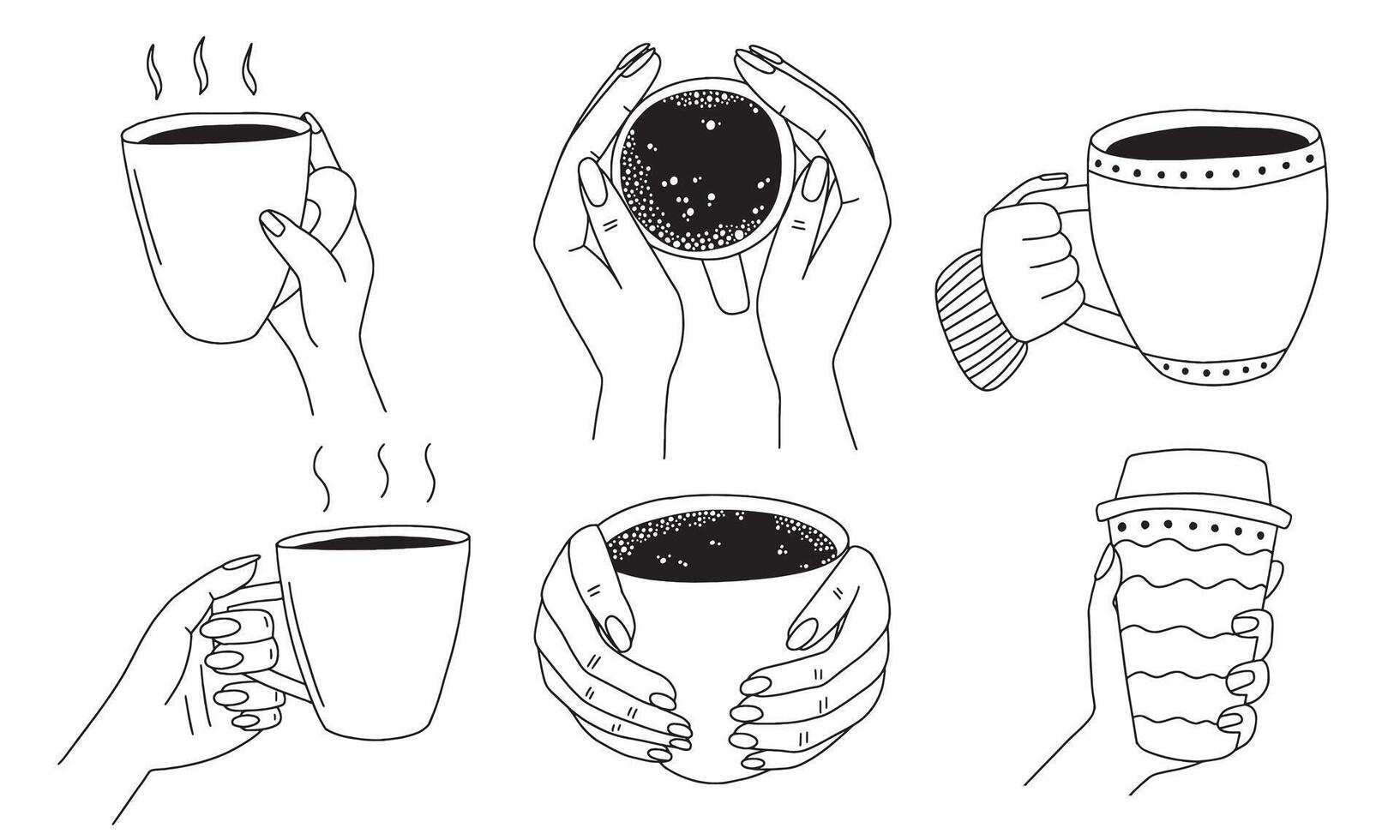 Coffee in hands black and white sketches set. Hand drawn hot coffee in hands set vector
