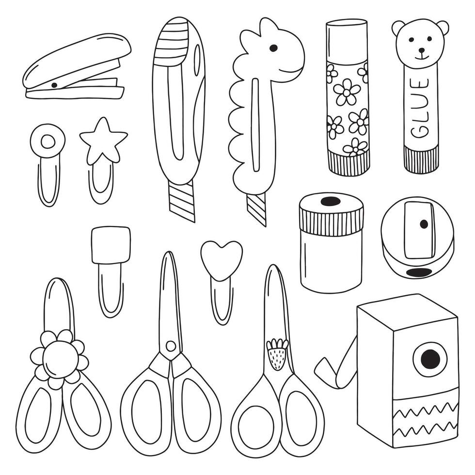 Doodle stationery set. Hand drawn school supplies set. Scissors, glue stick, sharpener and paper clips vector