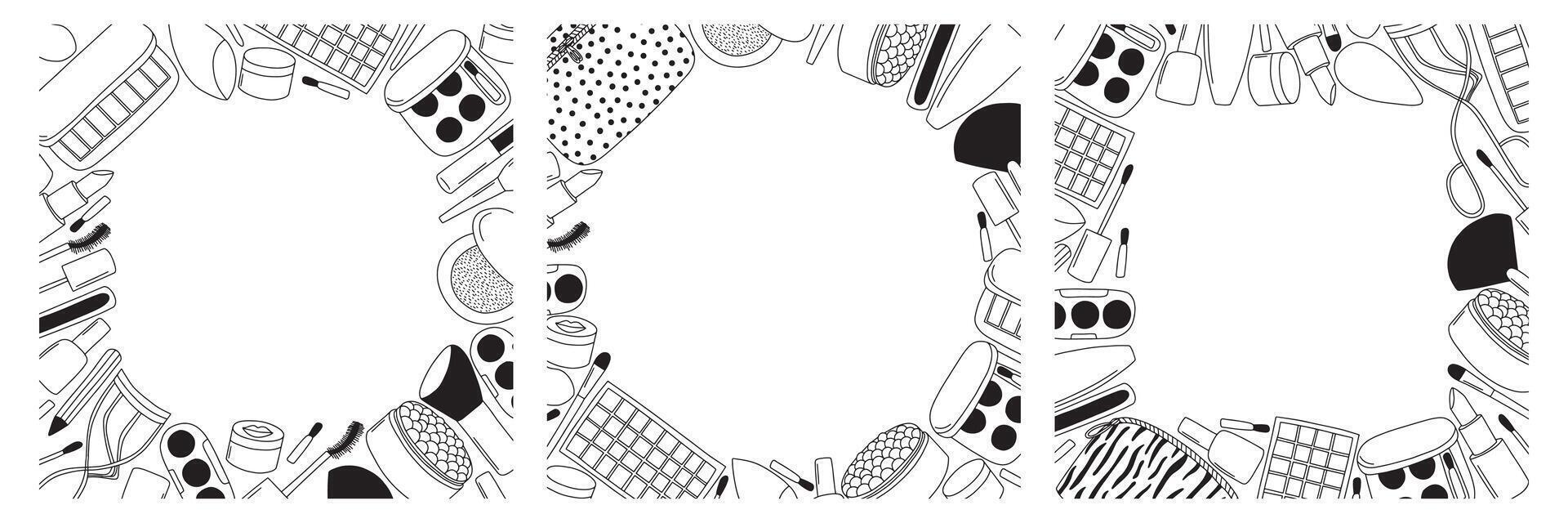 Make up doodle frames set. Hand drawn make up beauty products frames set vector