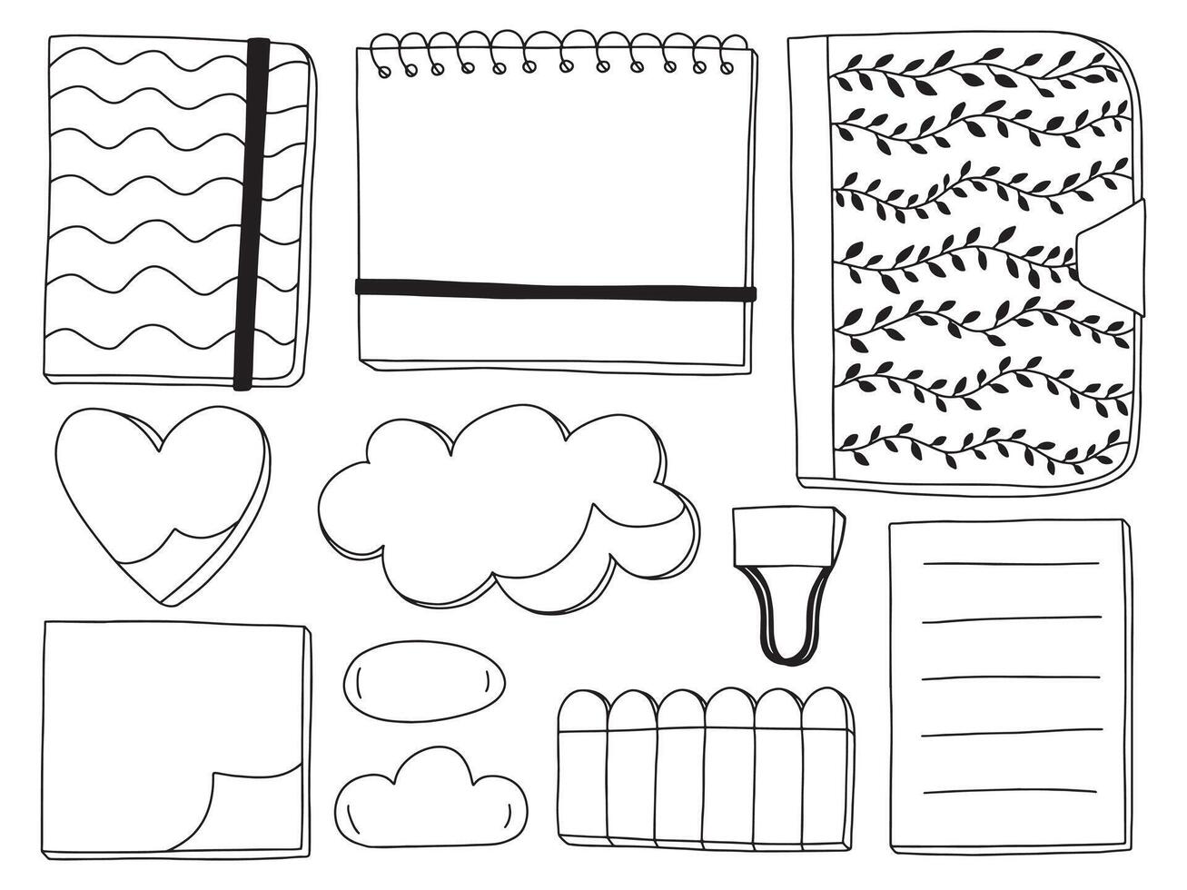 Notebook memo and reminder stickers doodle set. Hand drawn sketchbooks and reminder notes set vector
