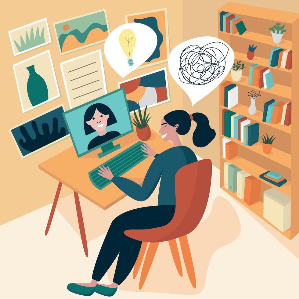 Woman having online session with psychologist at computer in home flat illustration vector