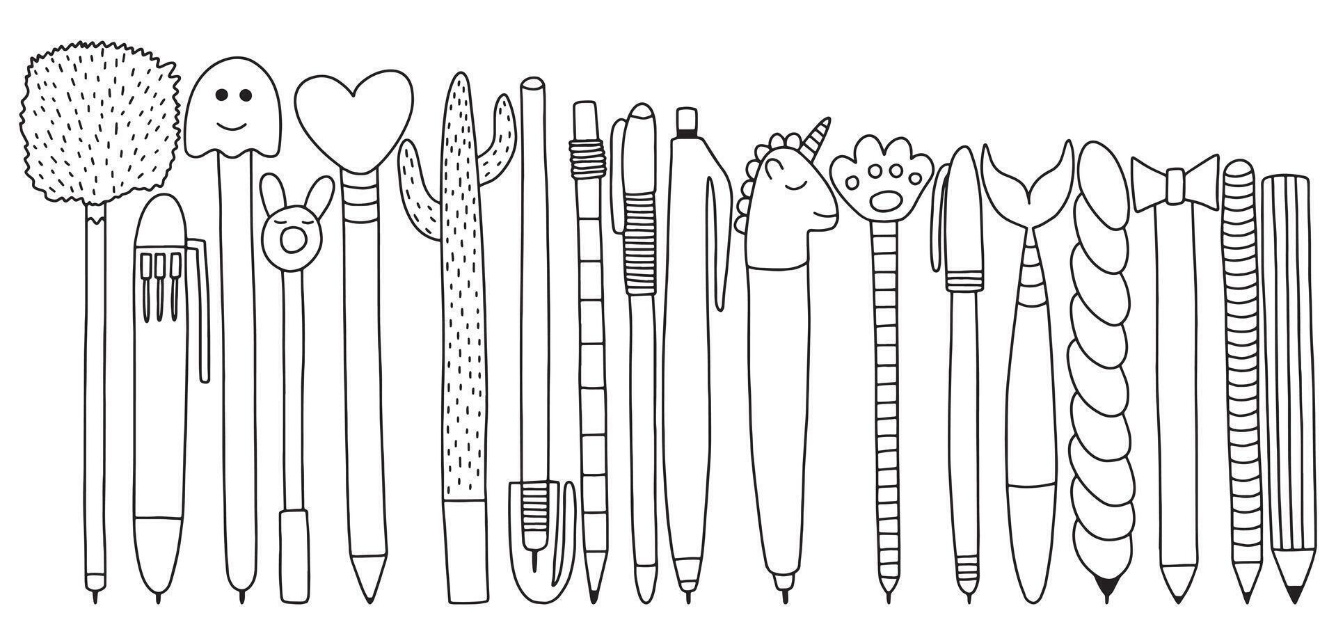 Pens and pencils doodle set. Different shapes of pens set vector