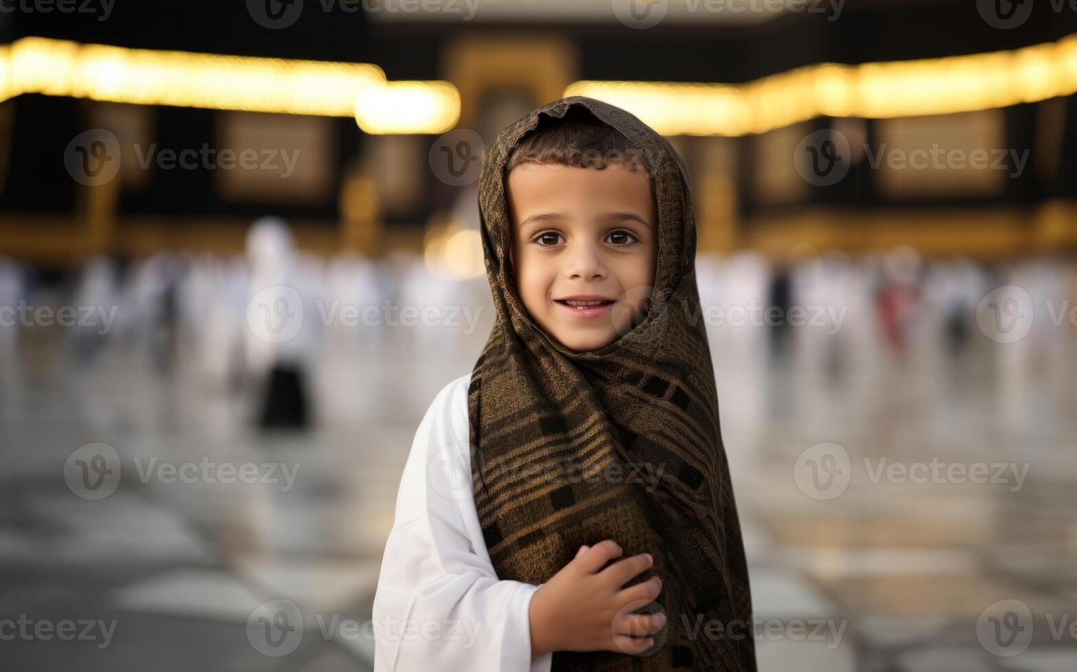 Portraits of Muslim children in pilgrimage attire at the sacred Kaaba, reflecting devotion and spiritual unity..Generated image photo