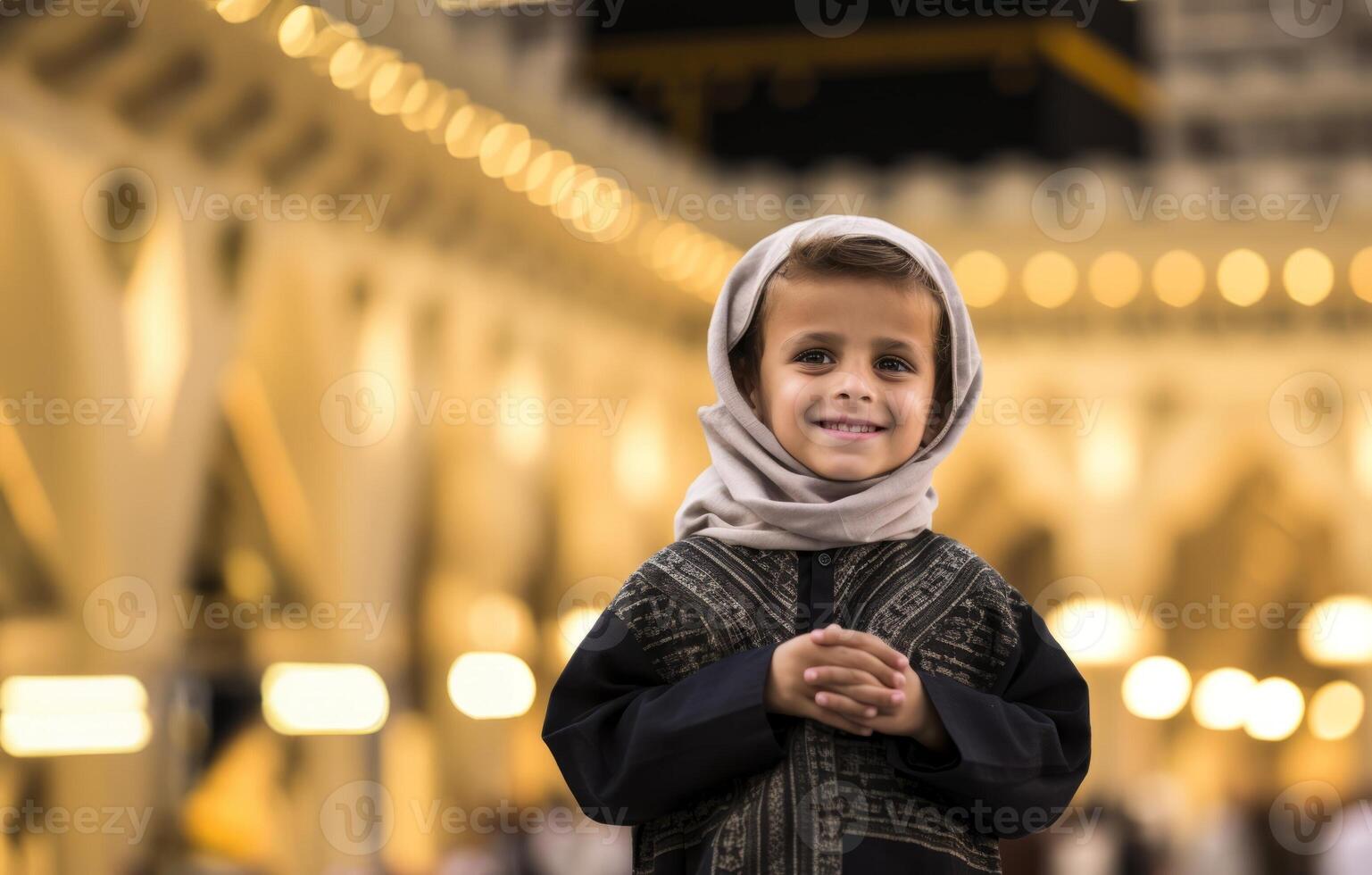 Portraits of Muslim children in pilgrimage attire at the sacred Kaaba, reflecting devotion and spiritual unity..Generated image photo