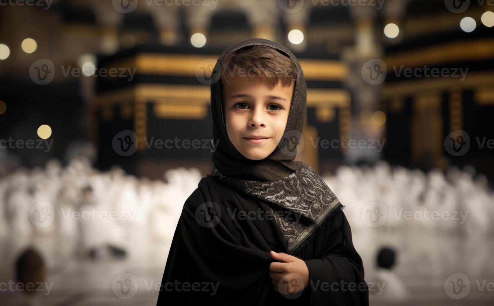 Portraits of Muslim children in pilgrimage attire at the sacred Kaaba, reflecting devotion and spiritual unity..Generated image photo