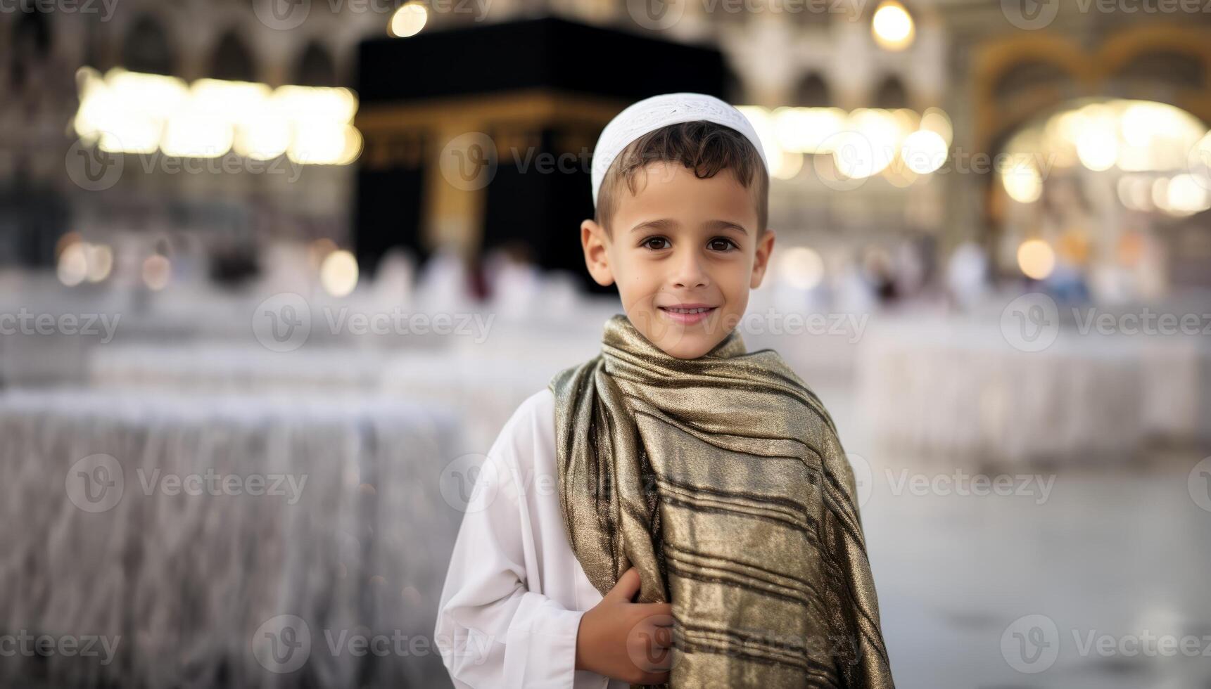 Portraits of Muslim children in pilgrimage attire at the sacred Kaaba, reflecting devotion and spiritual unity..Generated image photo
