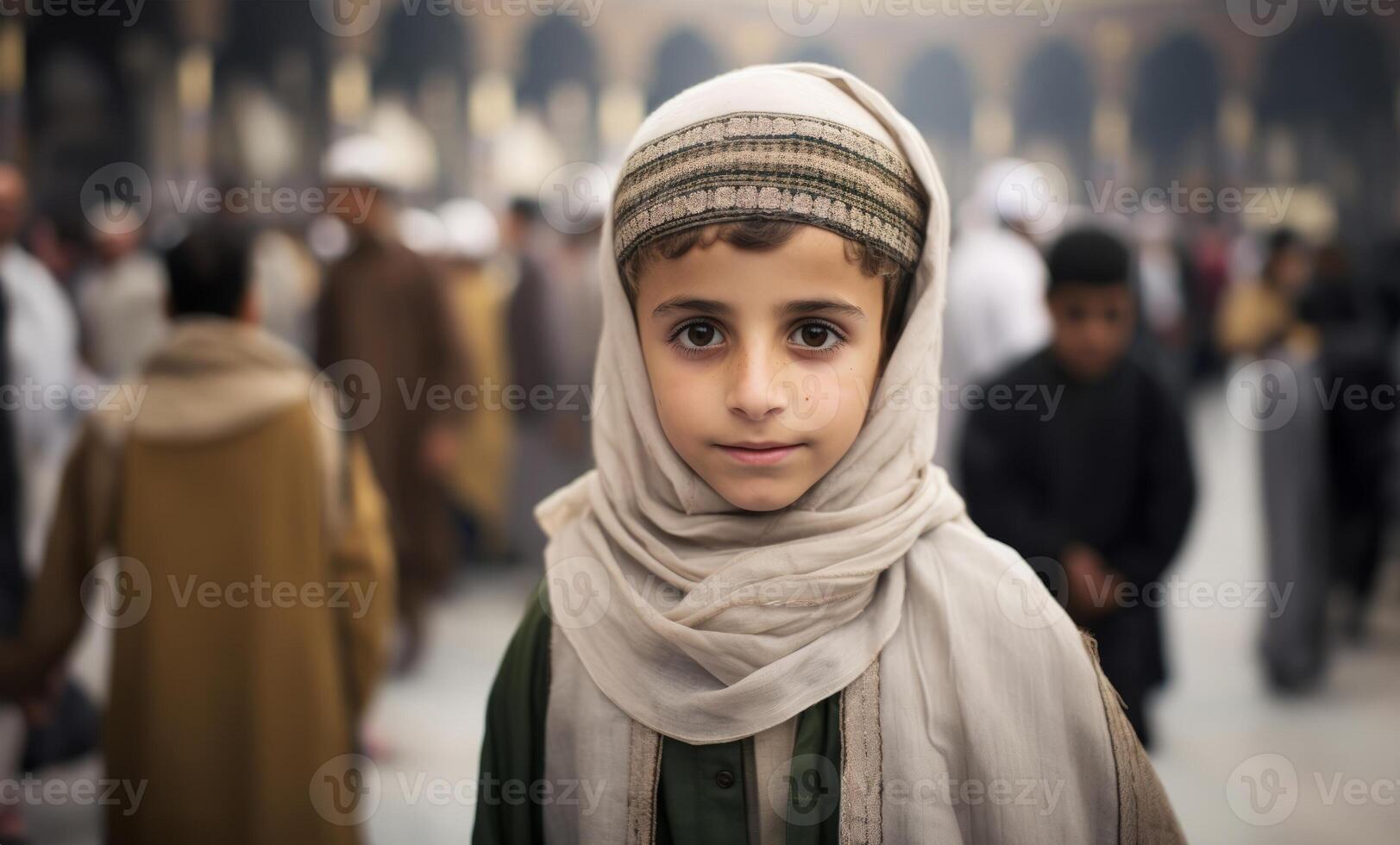 Portraits of Muslim children in pilgrimage attire at the sacred Kaaba, reflecting devotion and spiritual unity..Generated image photo