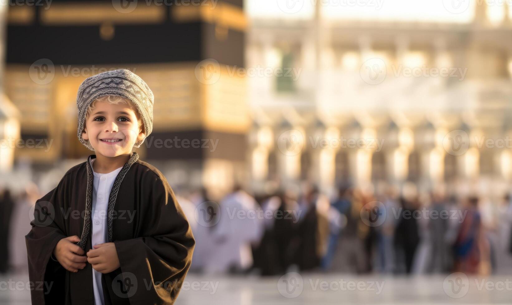 Portraits of Muslim children in pilgrimage attire at the sacred Kaaba, reflecting devotion and spiritual unity..Generated image photo