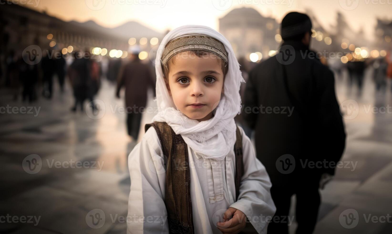 Portraits of Muslim children in pilgrimage attire at the sacred Kaaba, reflecting devotion and spiritual unity..Generated image photo