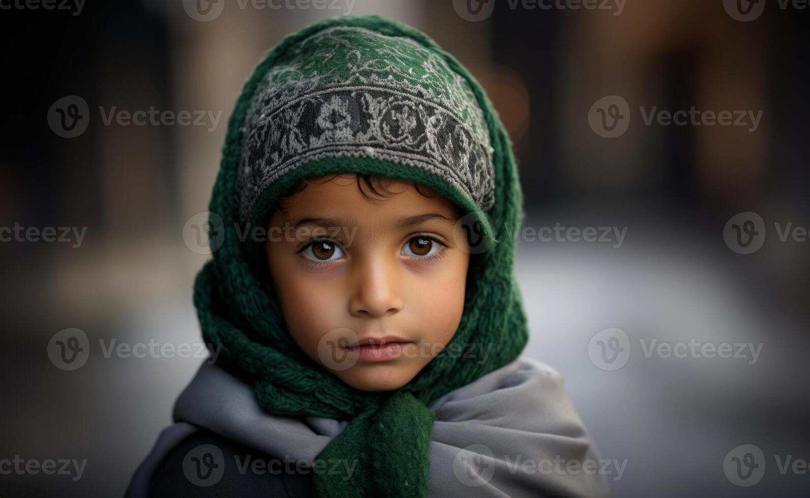 Portraits of Muslim children in pilgrimage attire at the sacred Kaaba, reflecting devotion and spiritual unity..Generated image photo