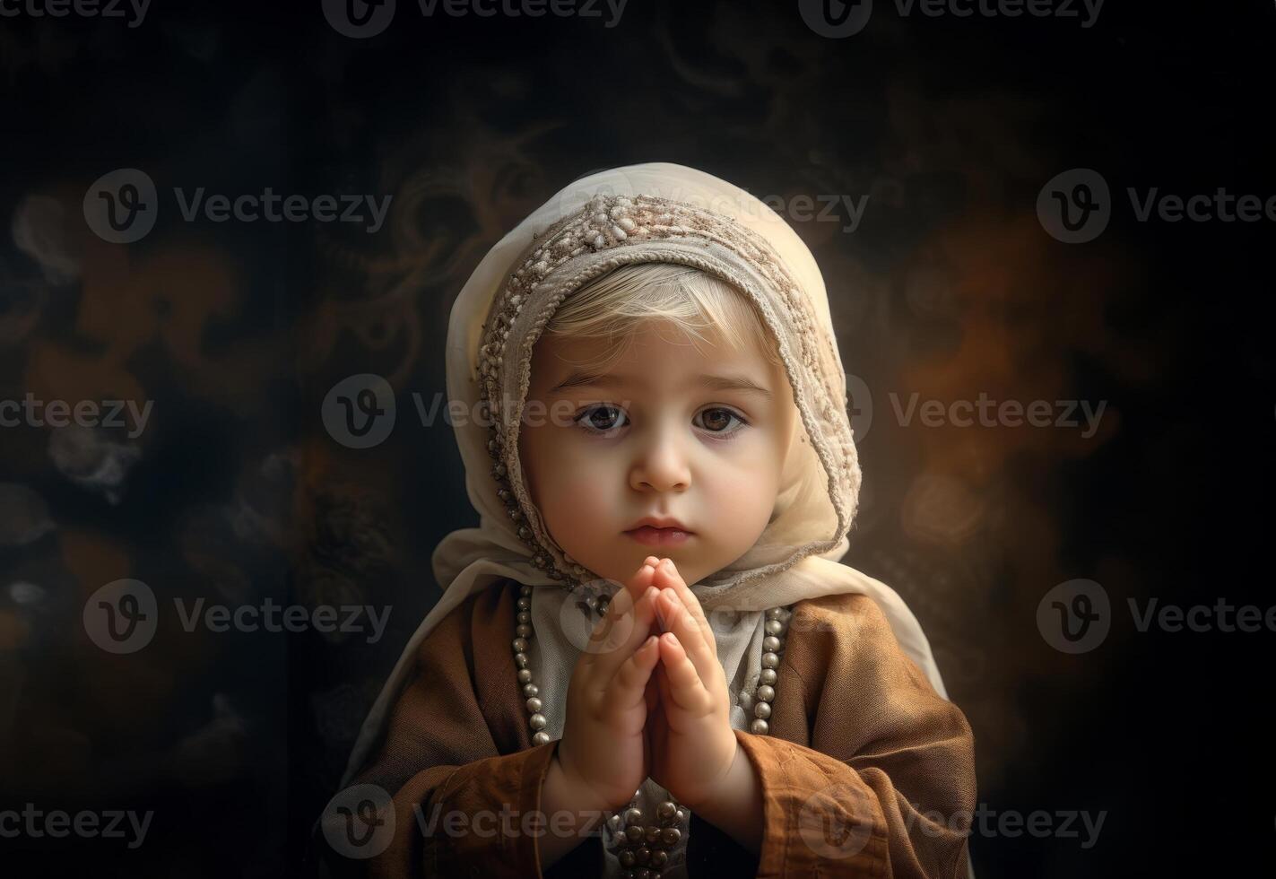Adorable Muslim baby girl wearing a hijab, embodying innocence and cultural tradition..Generated image photo