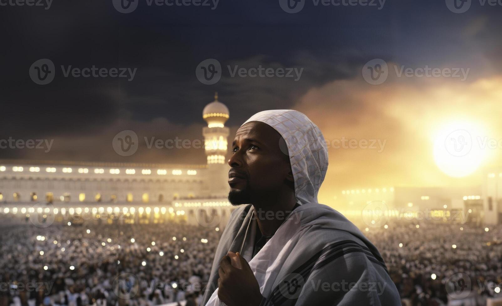Elderly Muslim man in traditional attire standing in reverence before the Kaaba in Mecca..Generated image photo