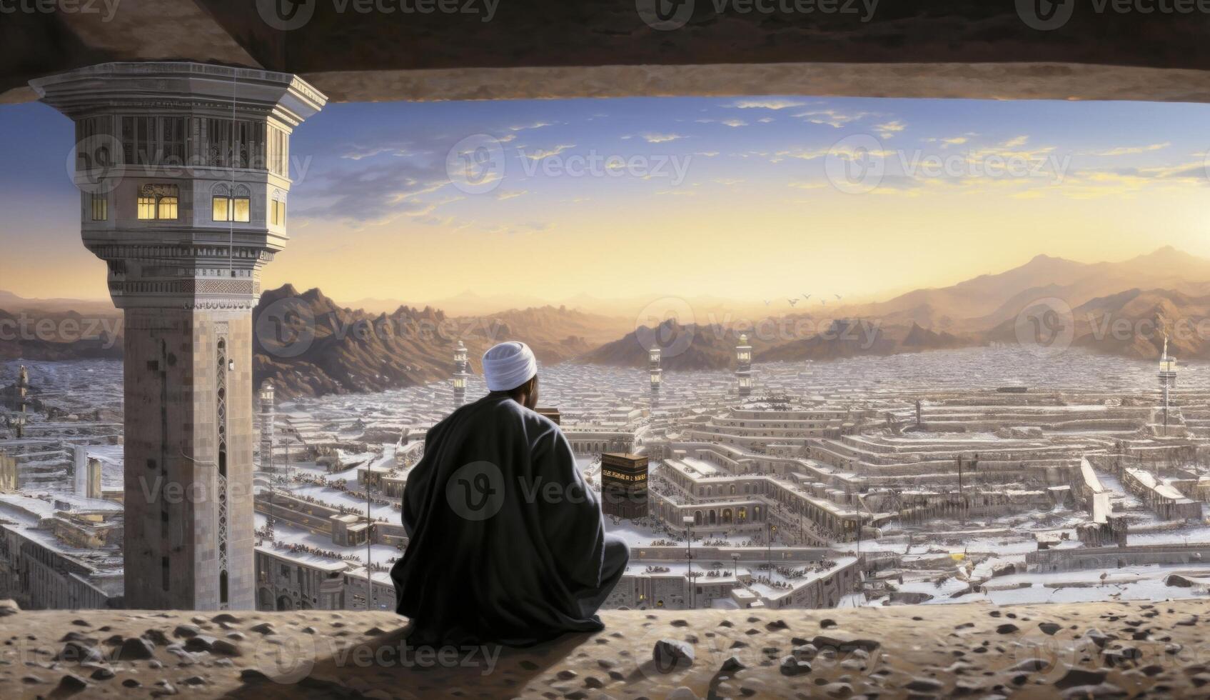 Elderly Muslim man in traditional attire standing in reverence before the Kaaba in Mecca..Generated image photo