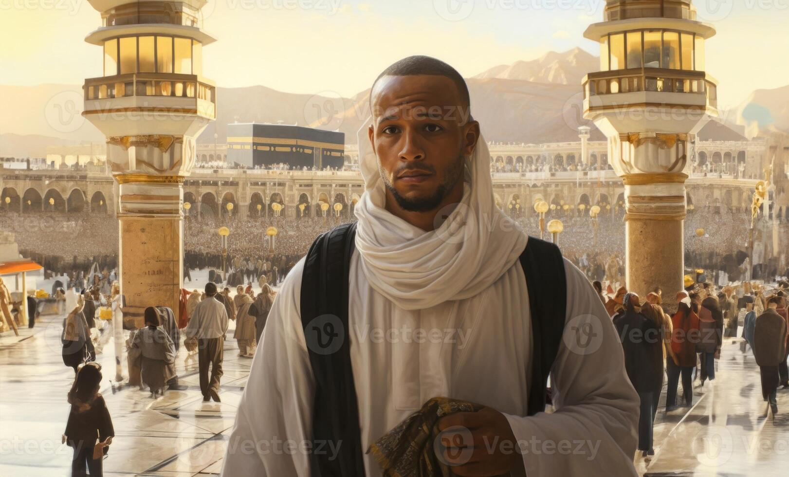 Elderly Muslim man in traditional attire standing in reverence before the Kaaba in Mecca..Generated image photo
