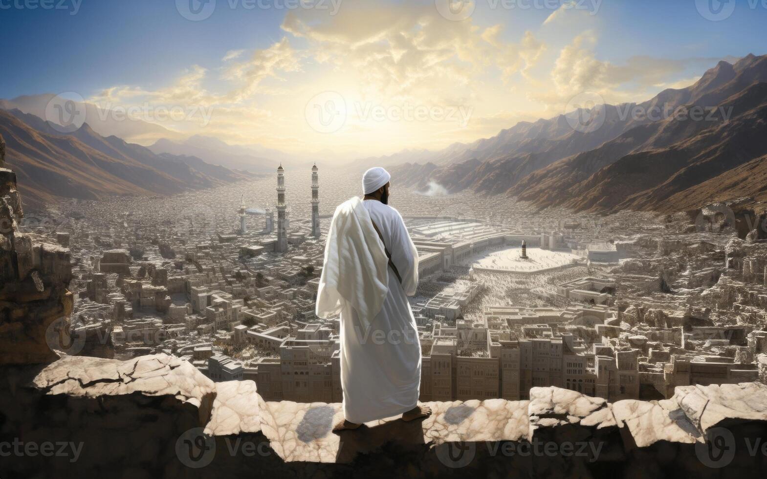 Elderly Muslim man in traditional attire standing in reverence before the Kaaba in Mecca..Generated image photo