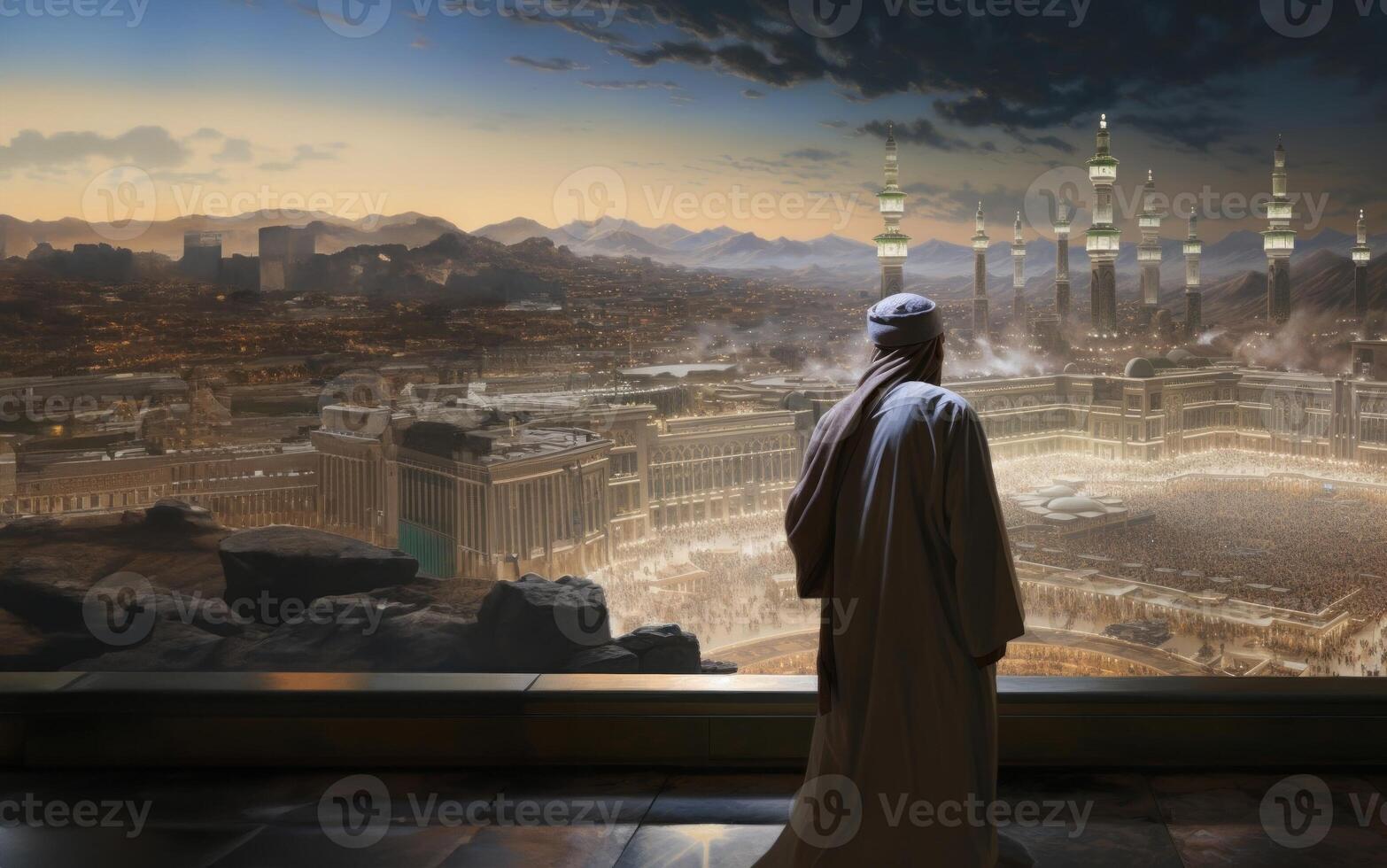 Elderly Muslim man in traditional attire standing in reverence before the Kaaba in Mecca..Generated image photo