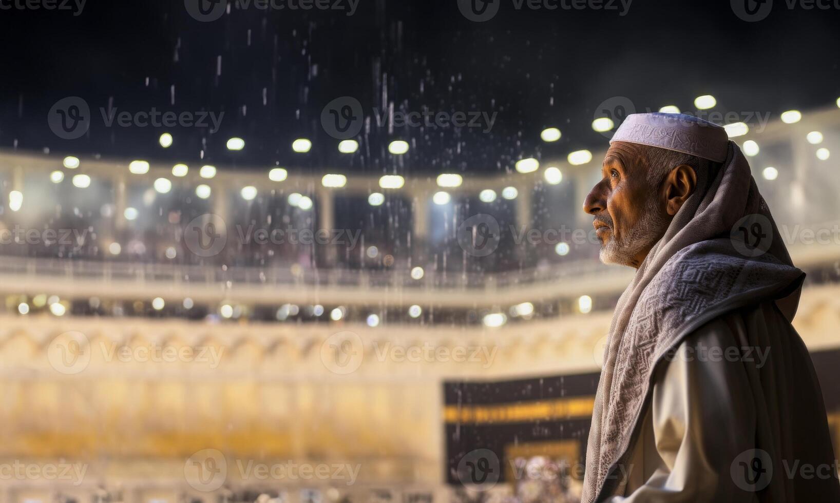 Elderly Muslim man in traditional attire standing in reverence before the Kaaba in Mecca..Generated image photo