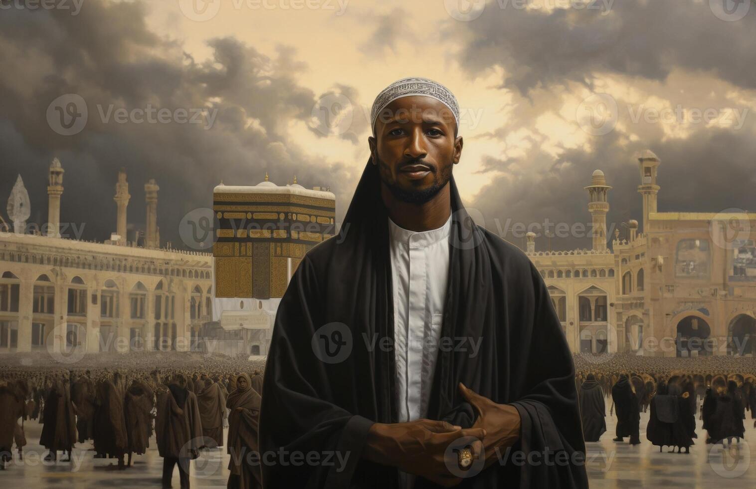 Elderly Muslim man in traditional attire standing in reverence before the Kaaba in Mecca..Generated image photo