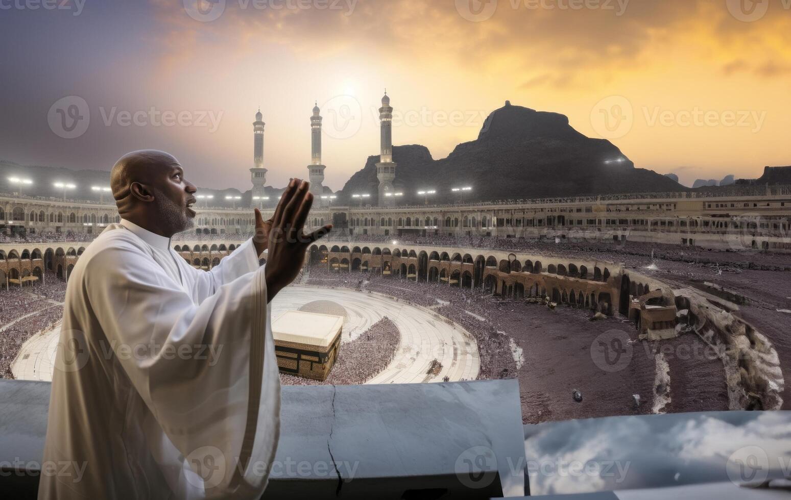Muslim man in traditional attire performing a ritual prayer facing the Kaaba..Generated image photo