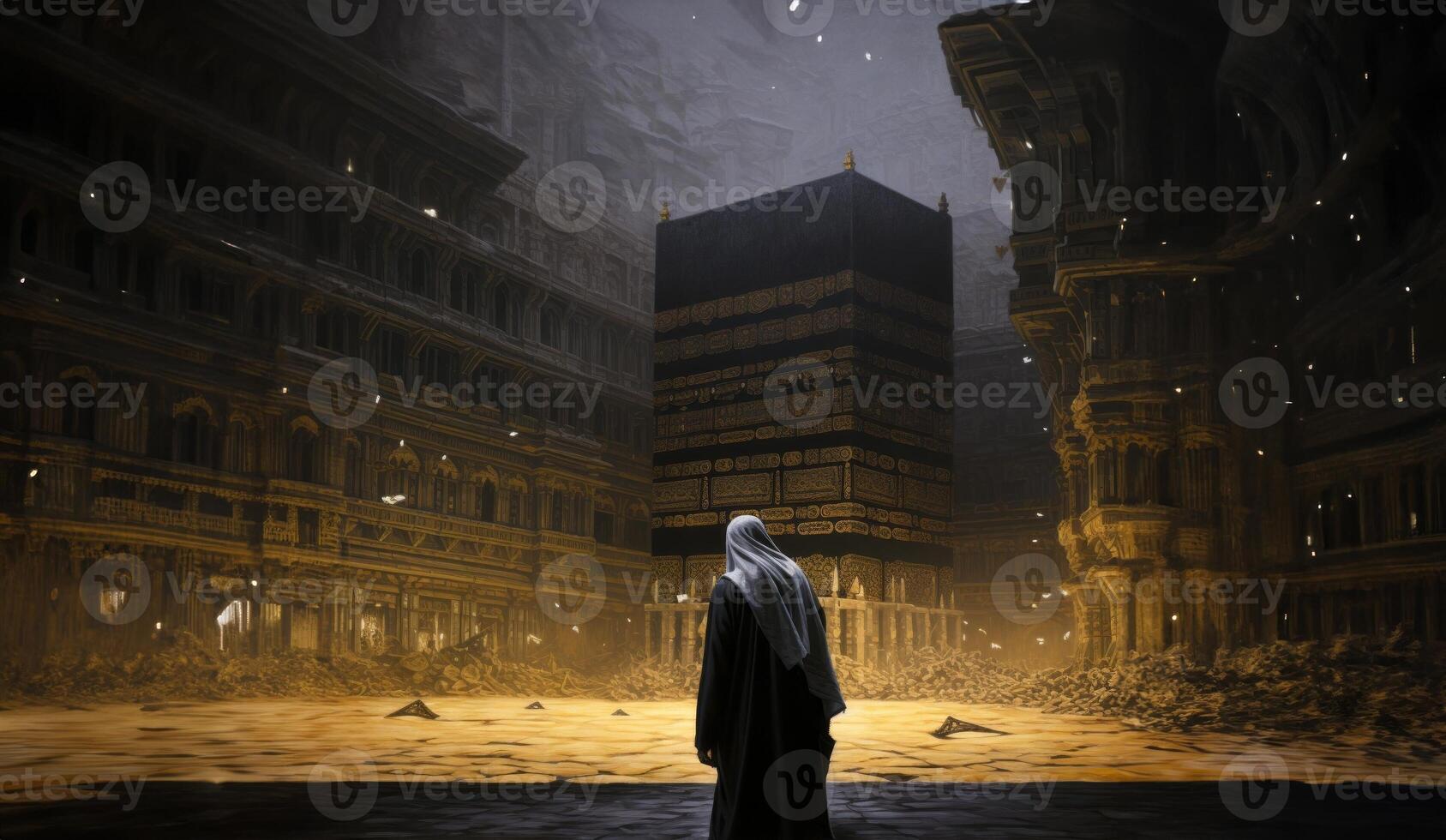 Elderly Muslim man in traditional attire standing in reverence before the Kaaba in Mecca..Generated image photo