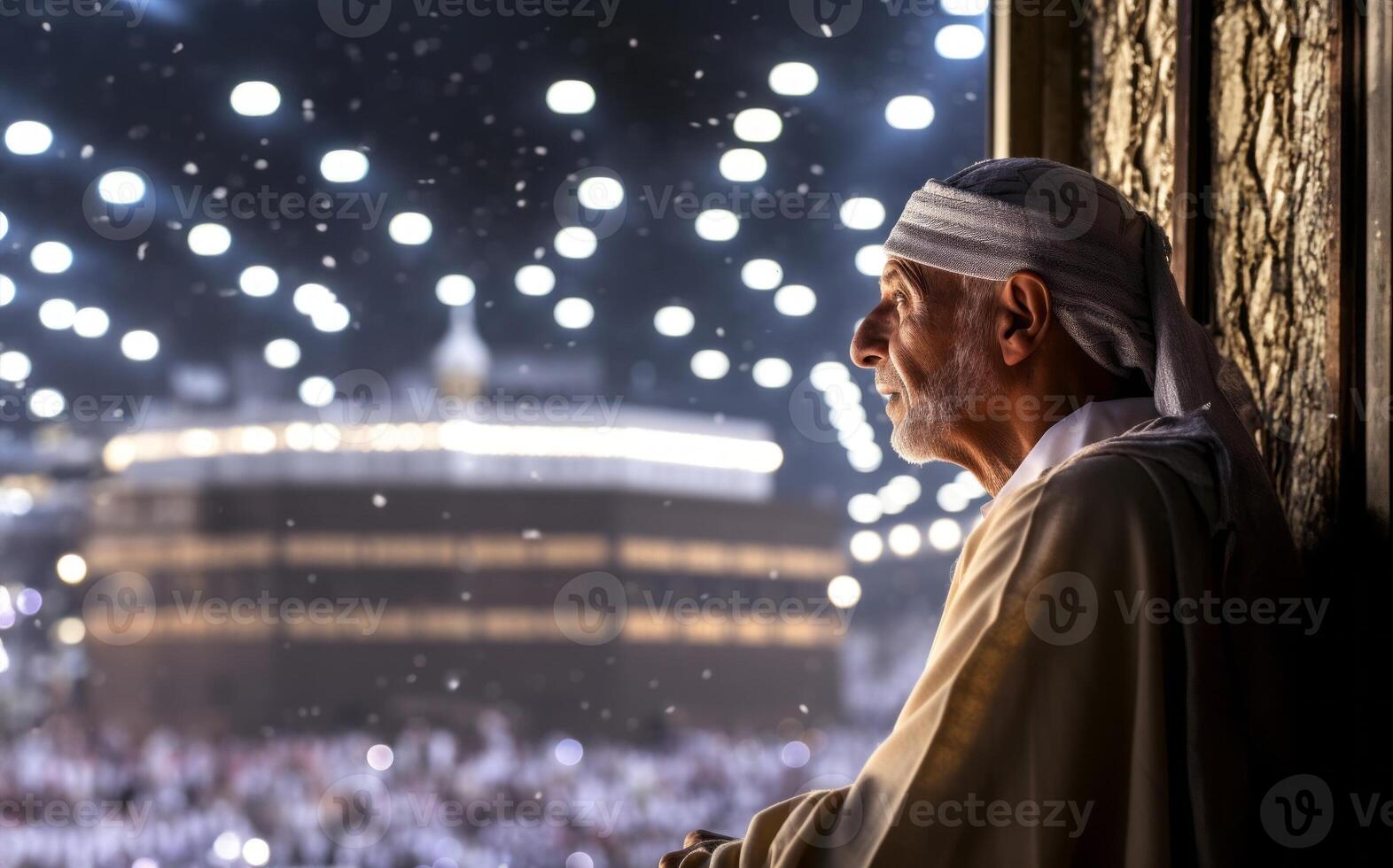 Elderly Muslim man in traditional attire standing in reverence before the Kaaba in Mecca..Generated image photo