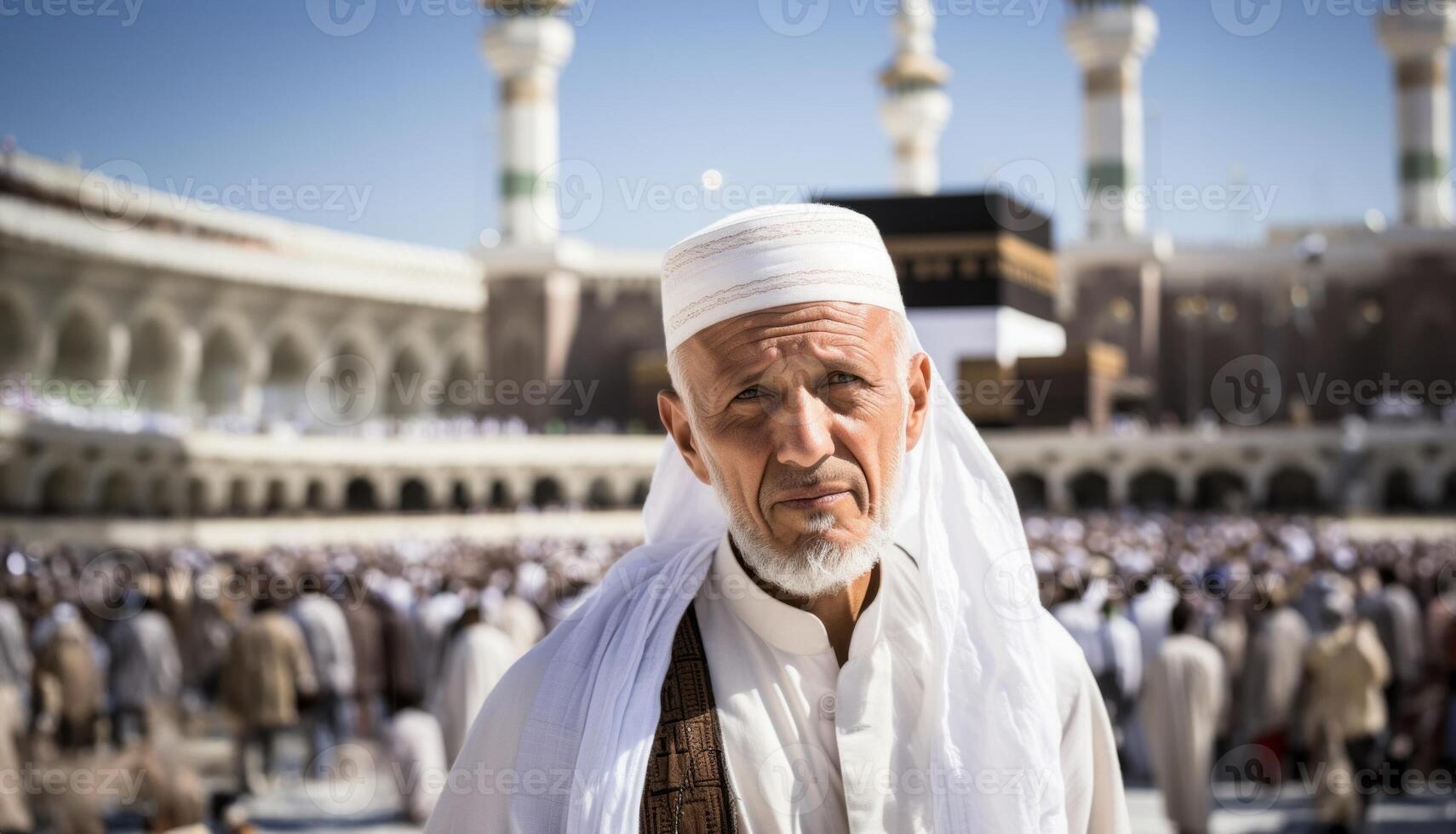 Elderly Muslim man in traditional attire standing in reverence before the Kaaba in Mecca..Generated image photo