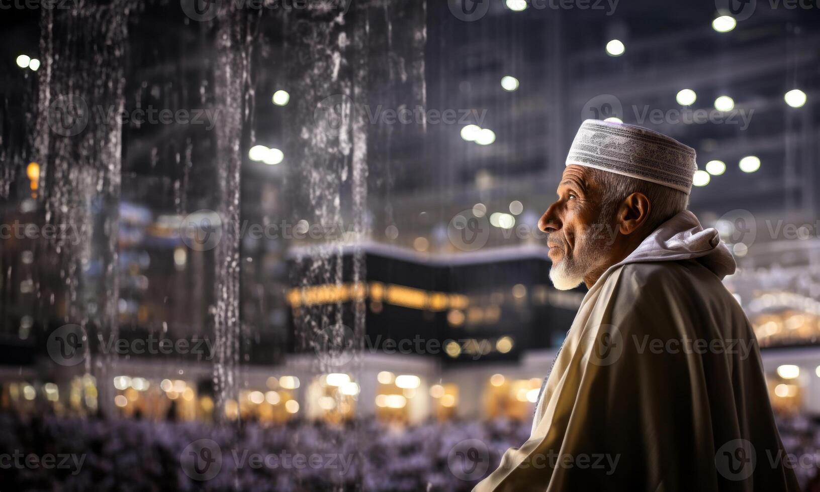 Elderly Muslim man in traditional attire standing in reverence before the Kaaba in Mecca..Generated image photo