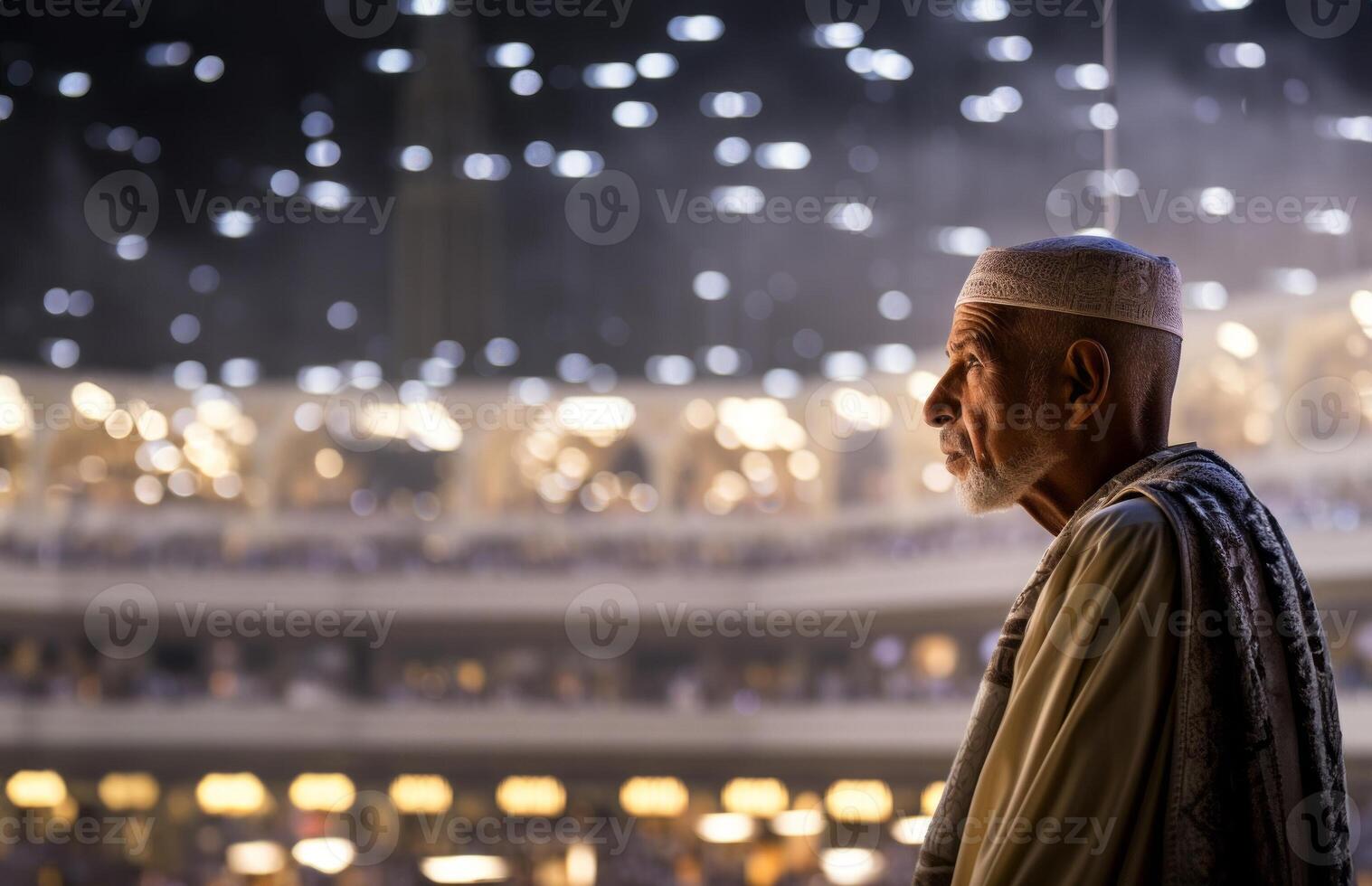 Elderly Muslim man in traditional attire standing in reverence before the Kaaba in Mecca..Generated image photo