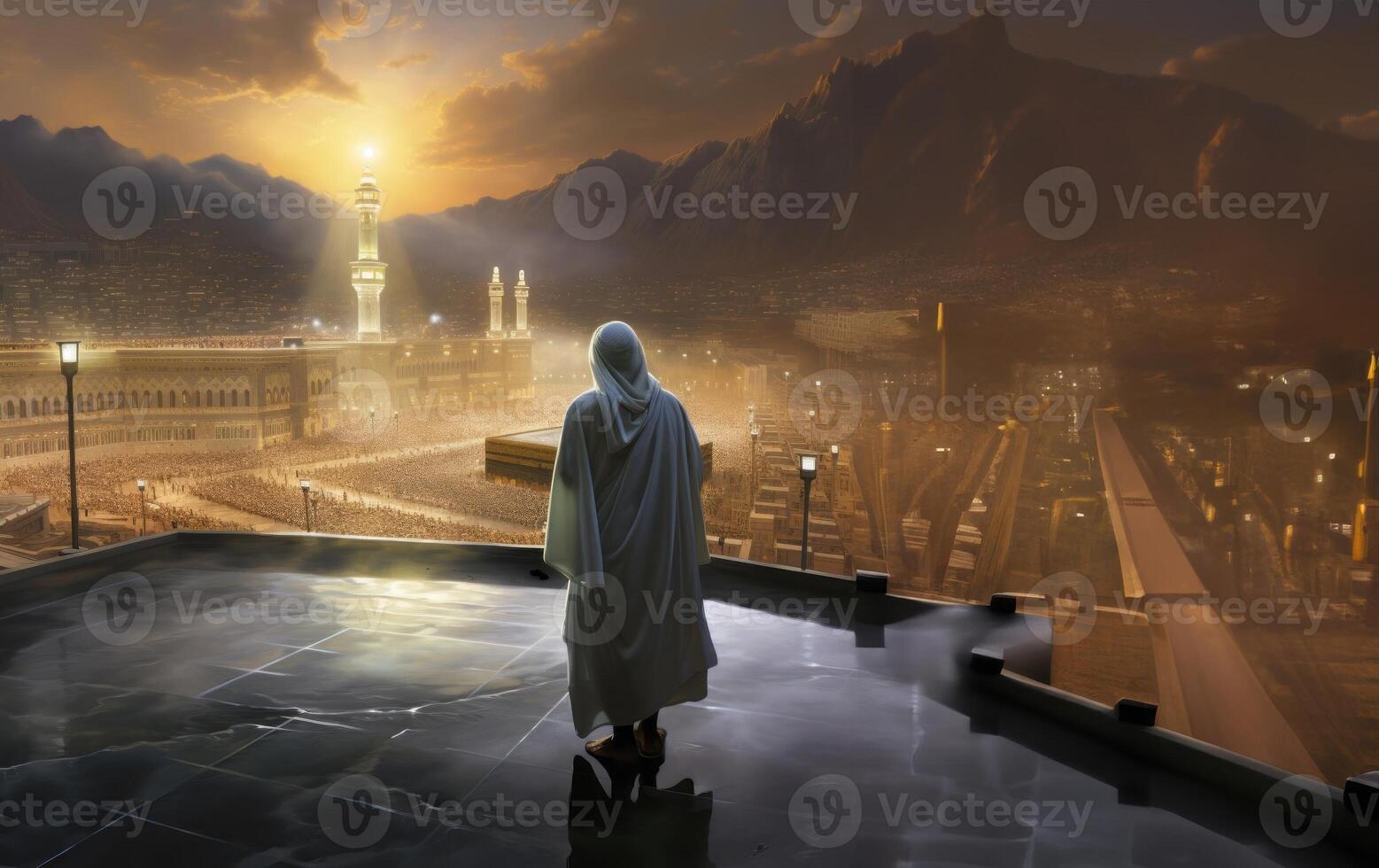 Muslim man in traditional attire performing a ritual prayer facing the Kaaba..Generated image photo