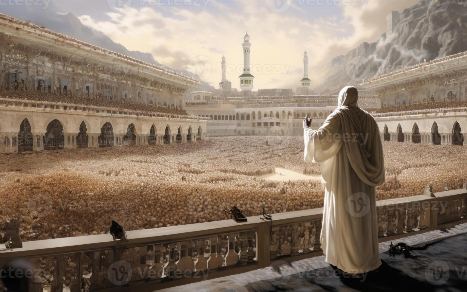Muslim man in traditional attire performing a ritual prayer facing the Kaaba..Generated image photo