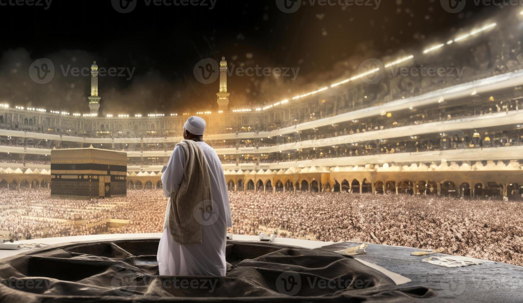 Muslim man in traditional attire performing a ritual prayer facing the Kaaba..Generated image photo