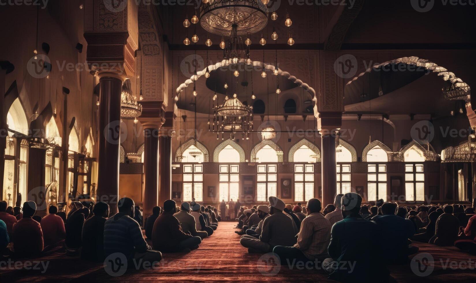 Group of Muslims Praying in a Mosque with Sunlight Streaming Through the Window, Creating Silhouettes.Generated image photo