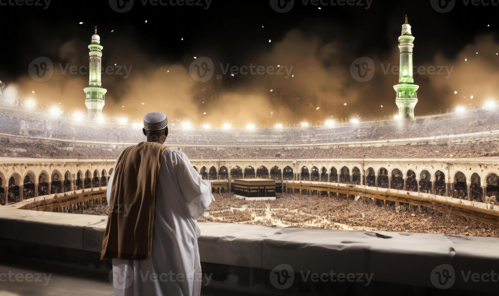 Muslim man in traditional attire performing a ritual prayer facing the Kaaba..Generated image photo