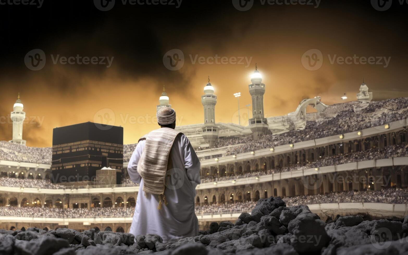 Muslim man in traditional attire performing a ritual prayer facing the Kaaba..Generated image photo