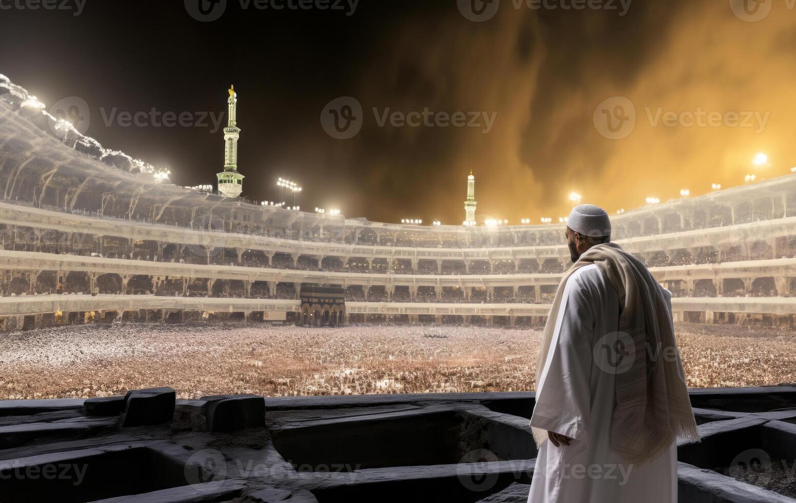 Muslim man in traditional attire performing a ritual prayer facing the Kaaba..Generated image photo