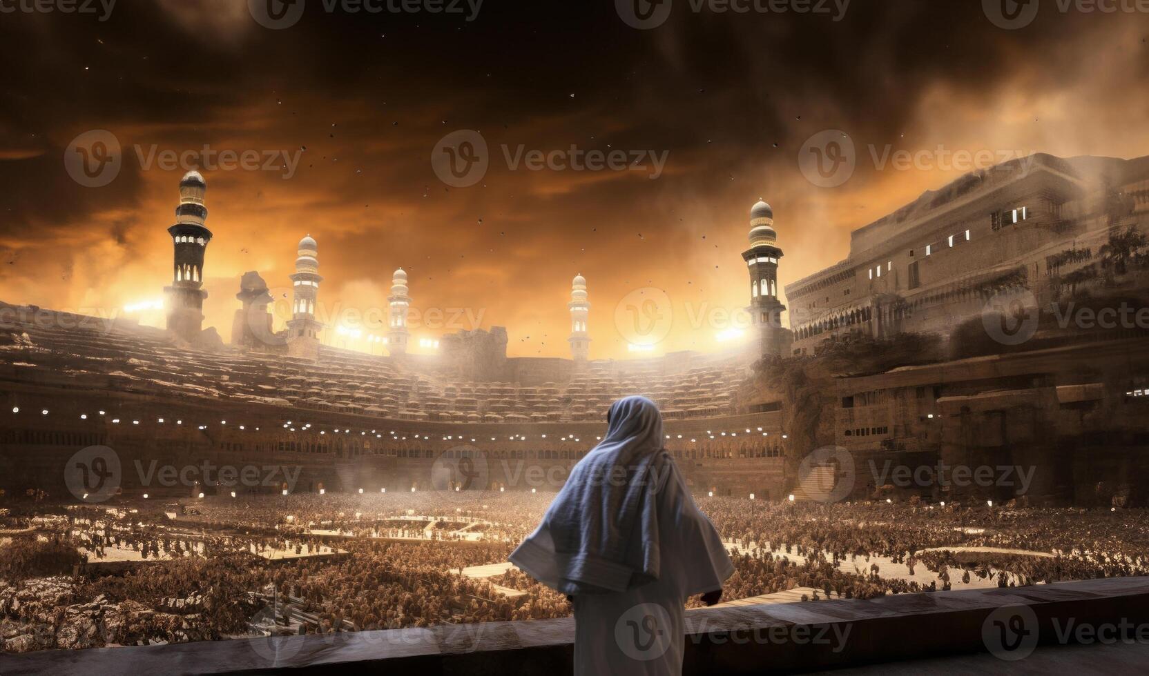 Muslim man in traditional attire performing a ritual prayer facing the Kaaba..Generated image photo