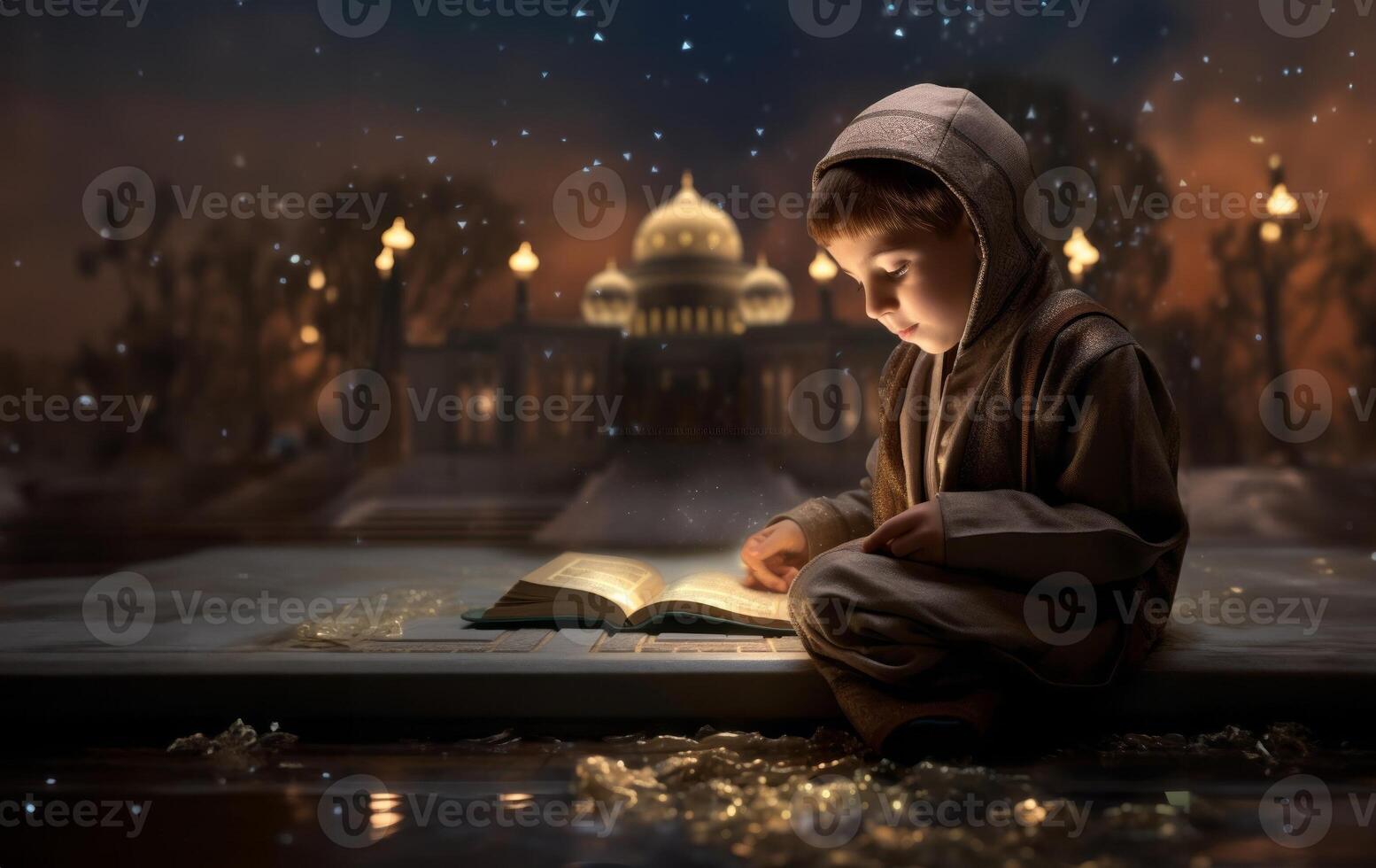 Closeup of a Muslim Child Reading the Holy Quran photo