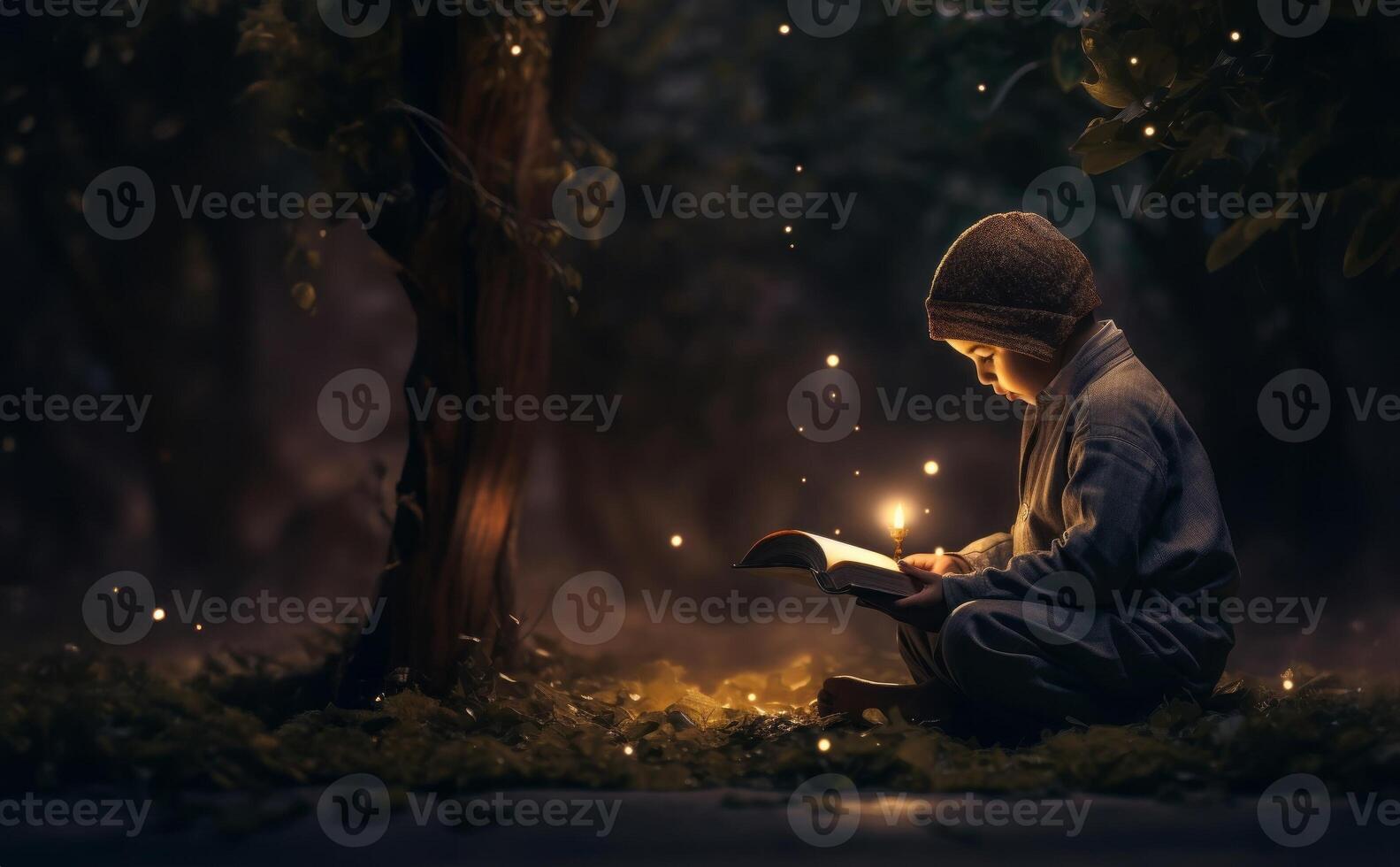 Closeup of a Muslim Child Reading the Holy Quran photo