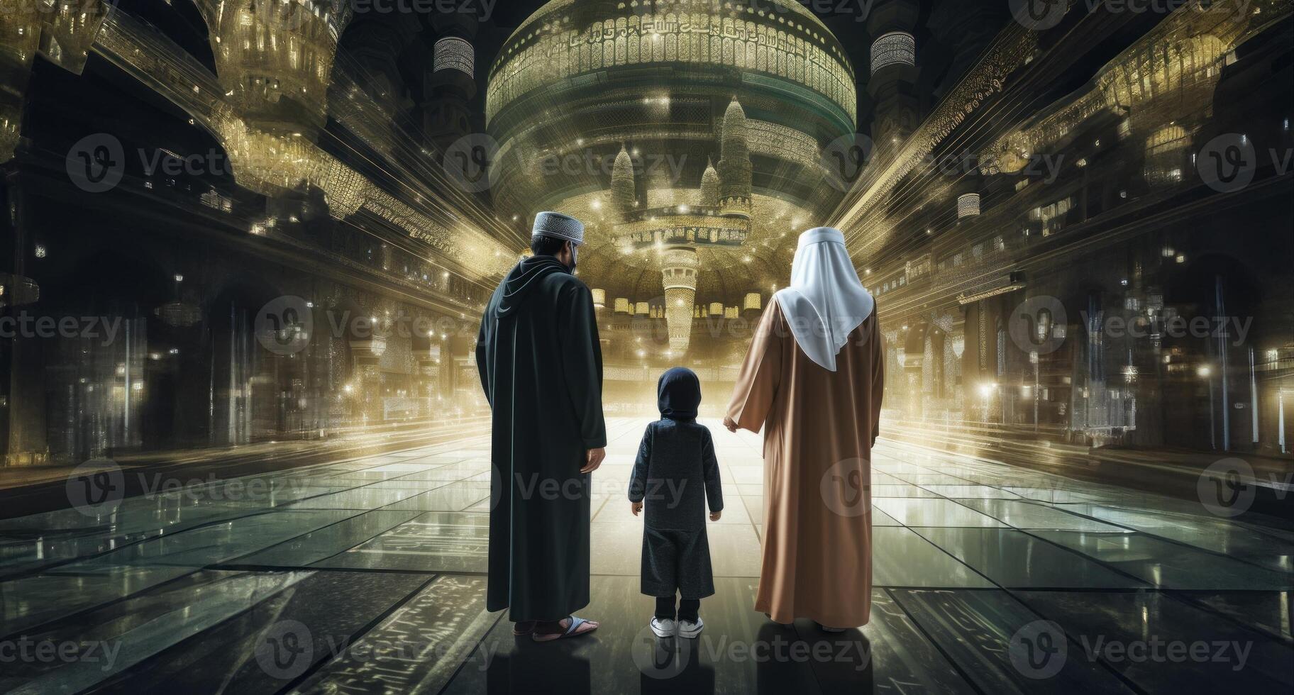 Parents Showing Their Children Sacred Islamic Sites on a Virtual Tablet.Generated image photo