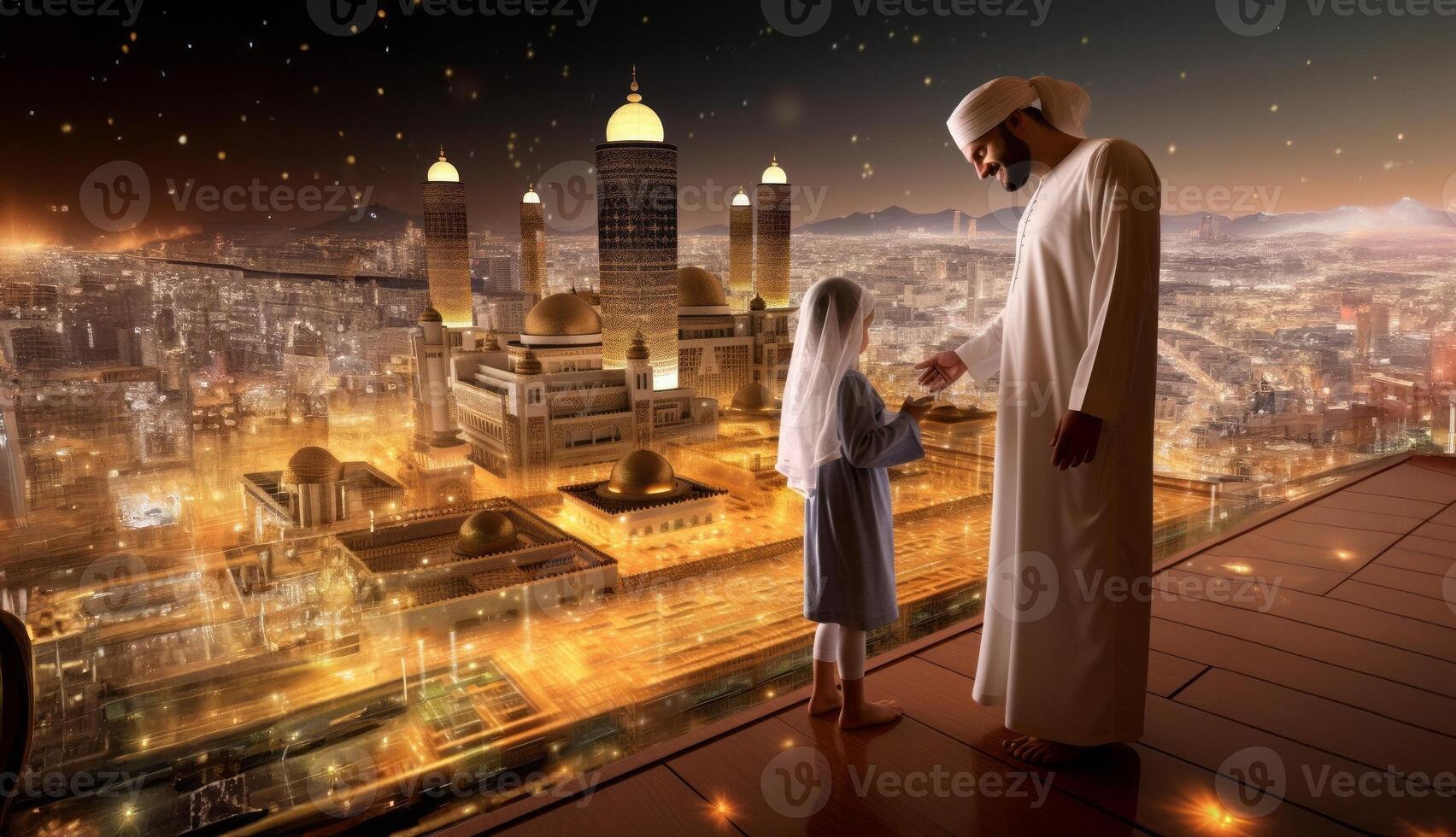 Parents Showing Their Children Sacred Islamic Sites on a Virtual Tablet.Generated image photo
