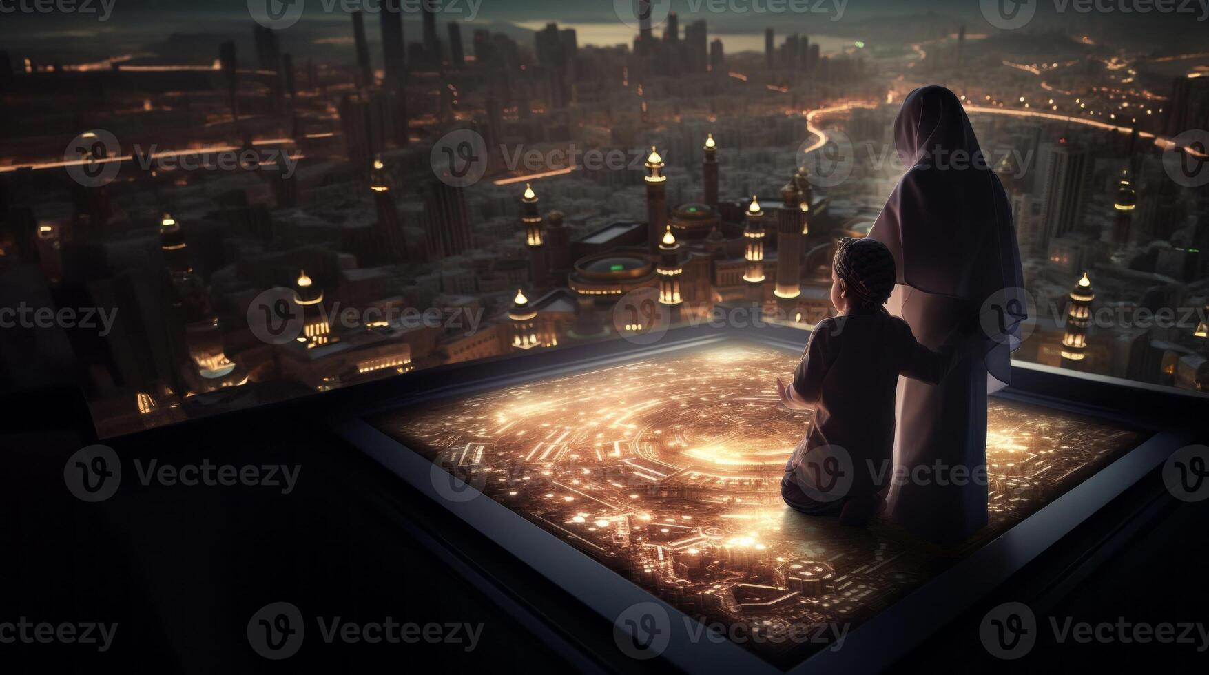 Parents Showing Their Children Sacred Islamic Sites on a Virtual Tablet.Generated image photo