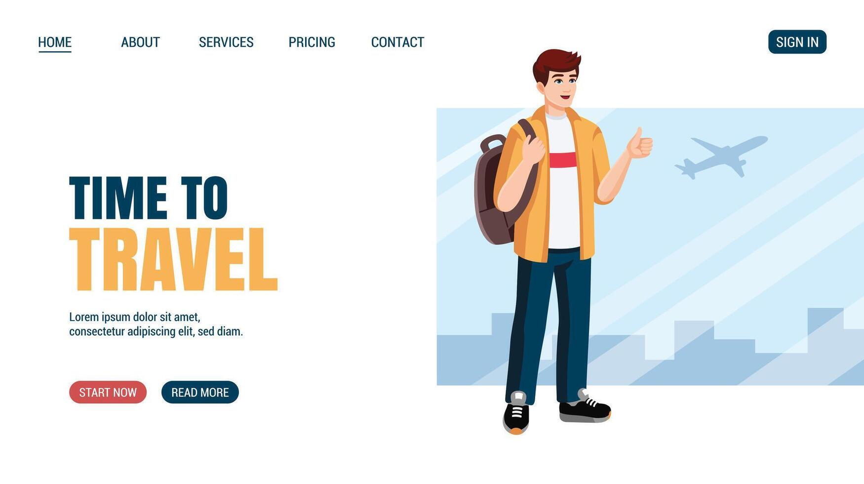 Young man with backpack showing thumbs up at the airport before flight. Flat design, cartoon style. illustration. Travelling concept website, web page. vector