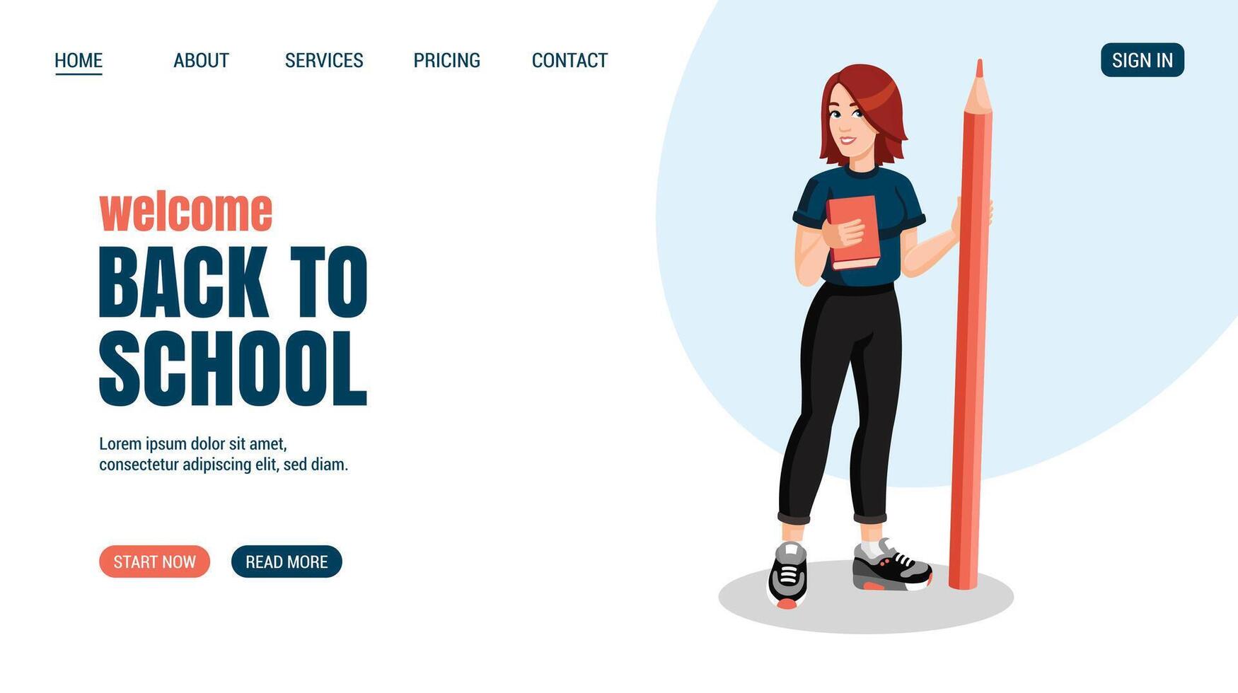 Young woman with huge pencil and book. Education, knowledge, student concept website, web page design. illustration. Back to school concept. vector