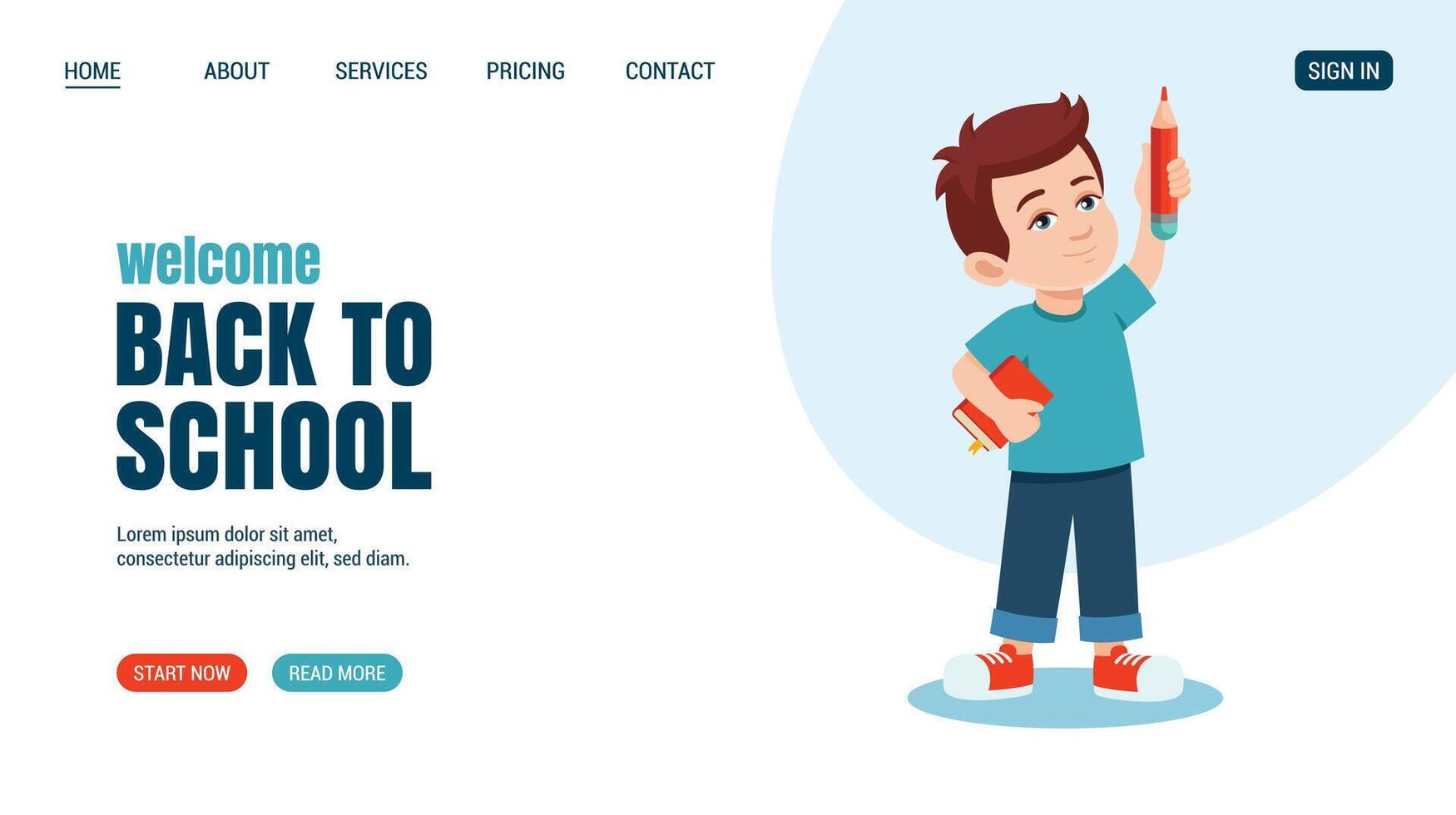 Little boy with pencil and book. Education, knowledge, student concept website, web page design. illustration. Training concept banner. Time to study vector