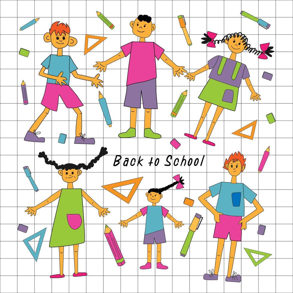 An illustration with children on a background resembling a notebook in a cage. Funny girls with pigtails and red-haired boys. Pencils, erasers, rulers, pens and lettering, back to school. vector