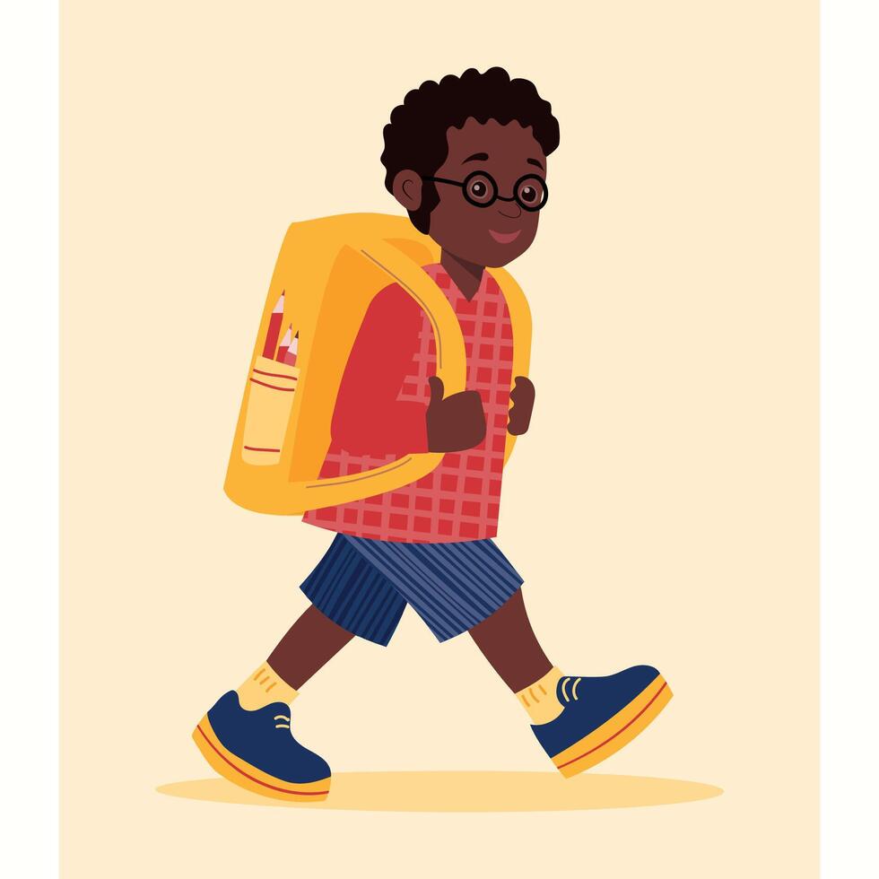 he illustration of a little black boy with glasses and with a bright smile, wearing a vibrant yellow backpack, going to scool. For educational decal, postcard, books vector